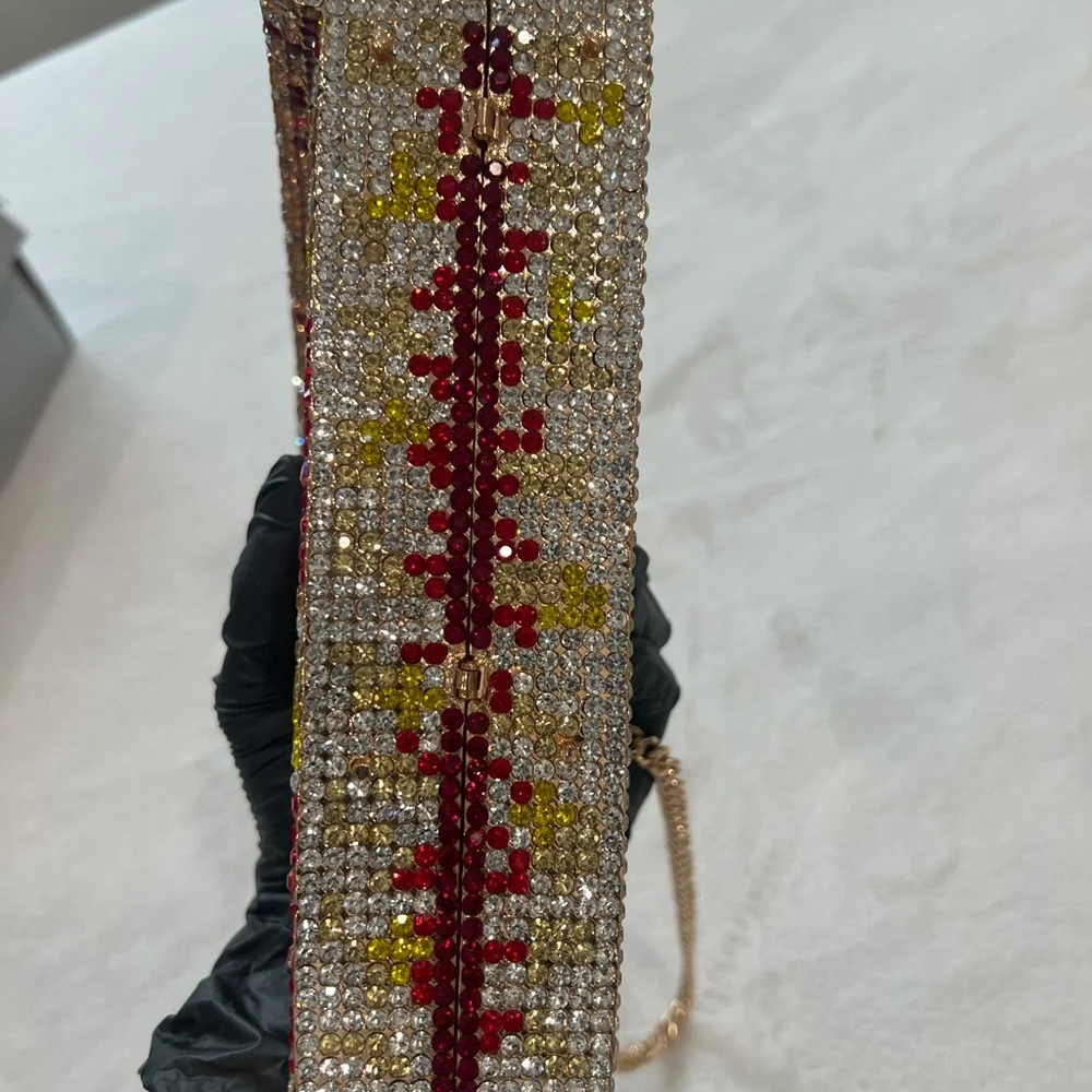 Embellished Pizza Slice Rhinestone Clutch in Red, Gold & Clear - Picture 14 of 16